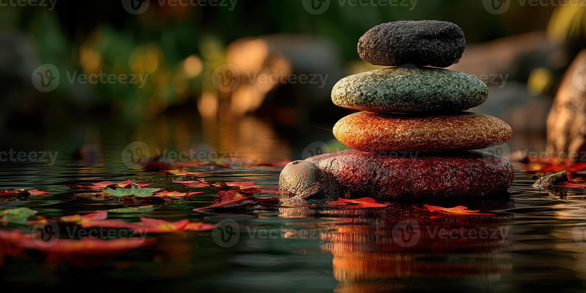 Serene stack of stones resting in tranquil water surrounded by autumn leaves at a peaceful garden photo