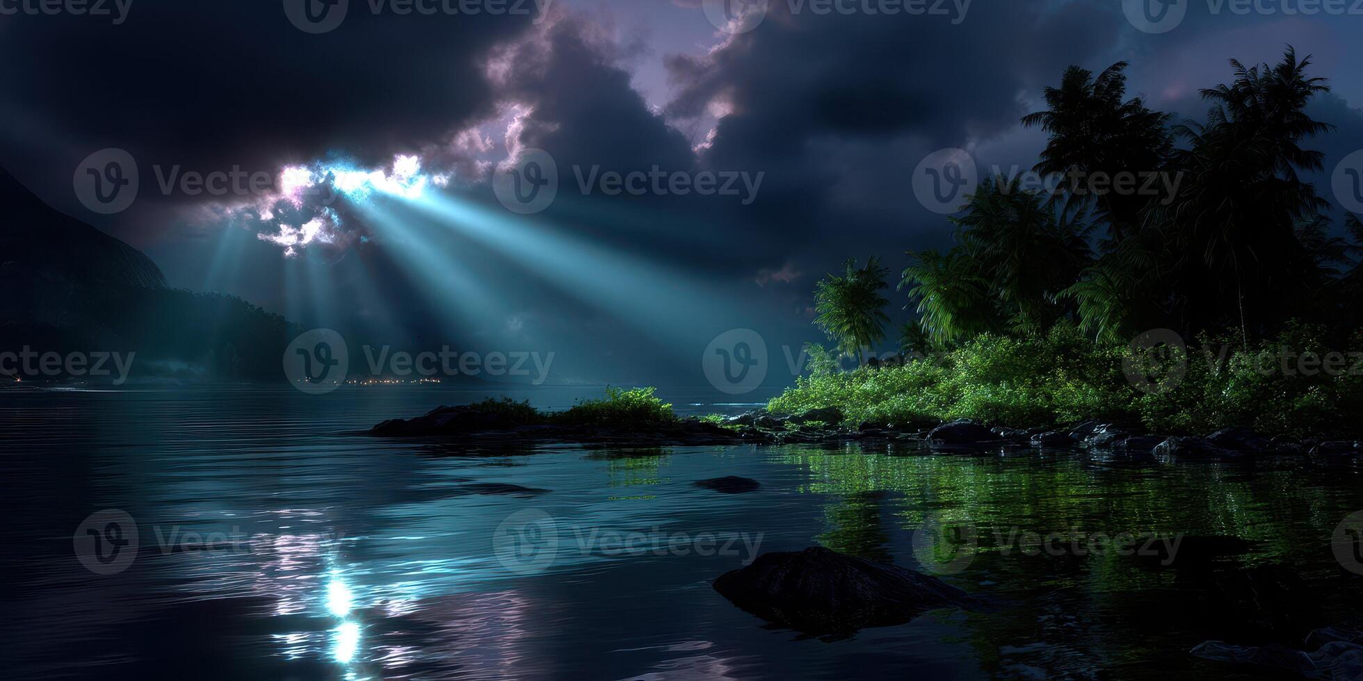 Shimmering reflections under dramatic clouds at night by the tranquil lake surrounded by greenery photo