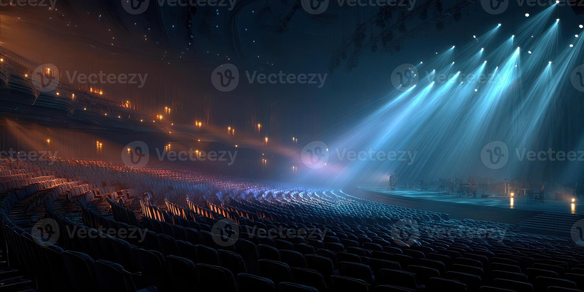 Dramatic theater interior illuminated by blue and orange lights with empty seats before the performance starts photo