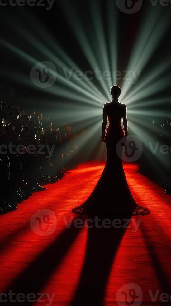 Fashion model showcases elegant gown on vibrant runway at glamorous evening event in a beautifully lit venue photo