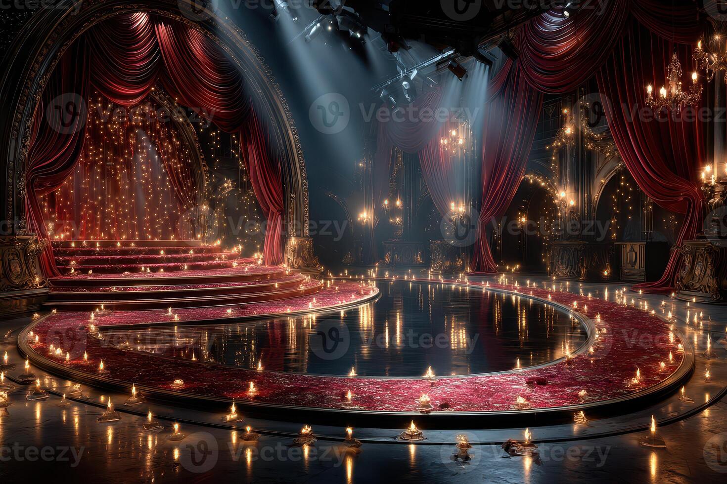 Elegant theater stage adorned with candles and red drapes creates a captivating atmosphere for a performance photo