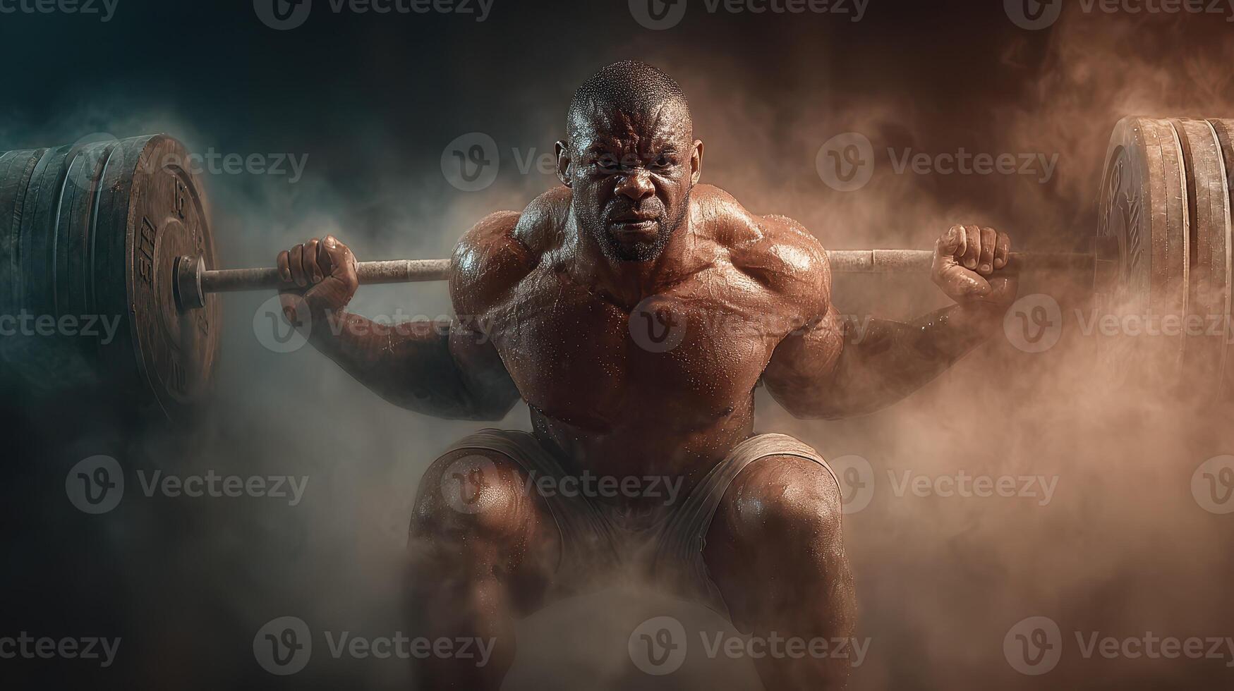 Weightlifter performs squat exercise in a gym with dramatic lighting and dust effects during a training session photo