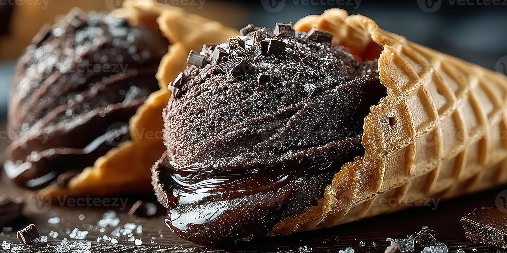 Rich chocolate ice cream served in waffle cones topped with dark chocolate shavings photo