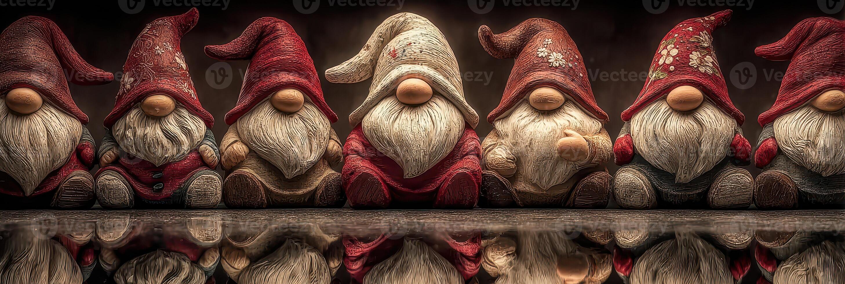 Colorful gnome figurines lined up on a reflective surface showcasing unique designs and expressions photo