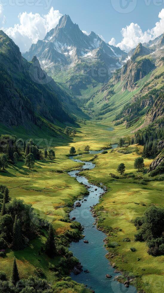 Majestic mountain landscape with lush valley and winding river in bright daylight photo