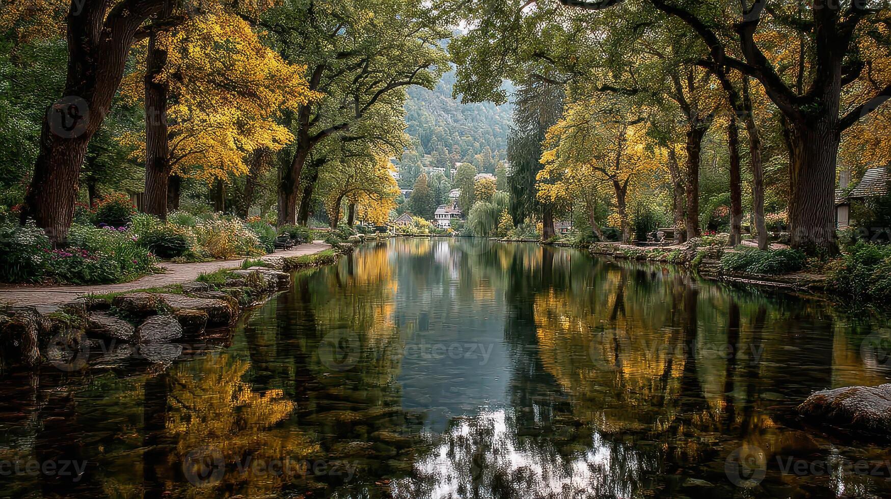 Calm river reflecting autumn foliage in a serene park with trees and vibrant colors photo
