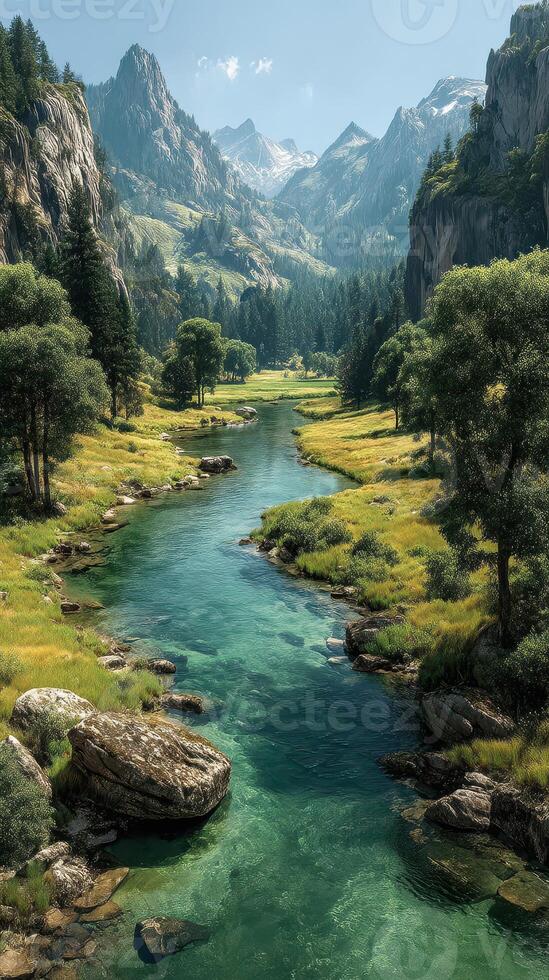 Scenic river flowing through a verdant valley surrounded by majestic mountains on a bright sunny day photo