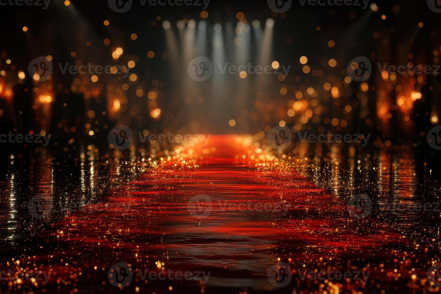 Elegant red carpet leading to a glamorous event illuminated by bright lights in a festive atmosphere photo