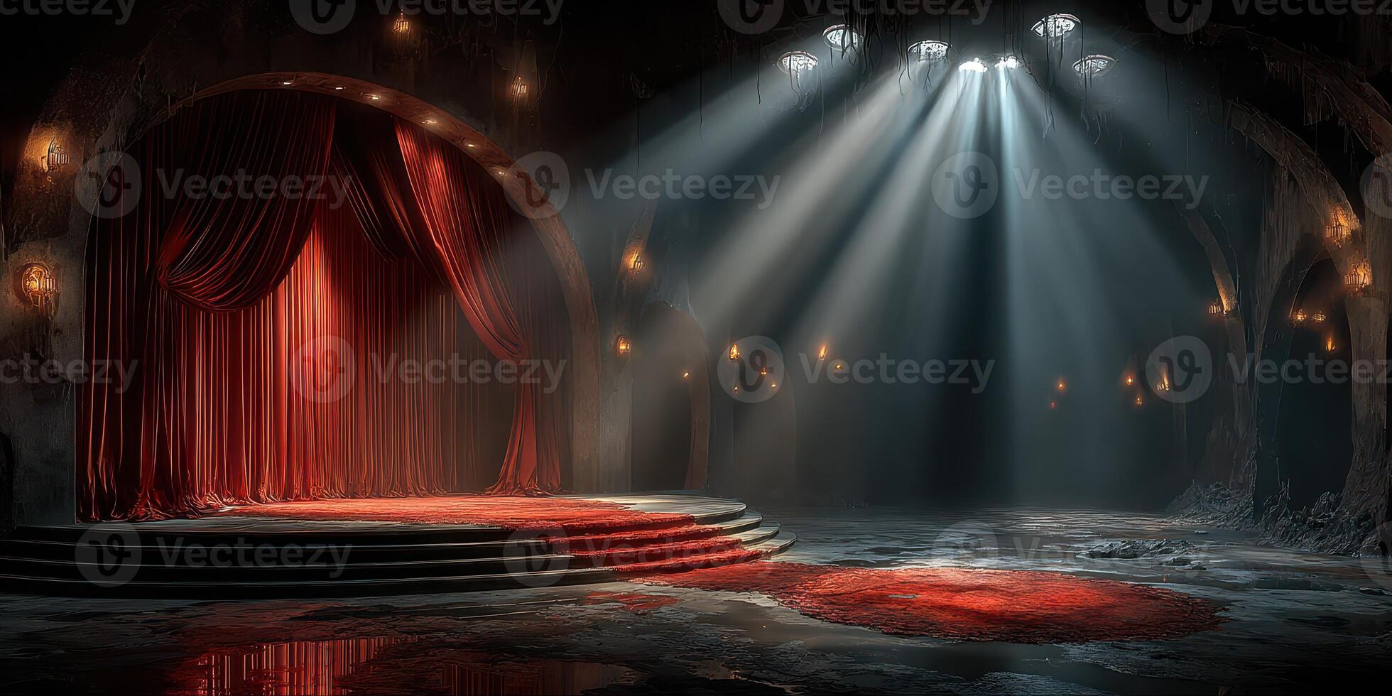 Mysterious theater stage with red curtains and dramatic lighting creating an enchanting atmosphere at night photo