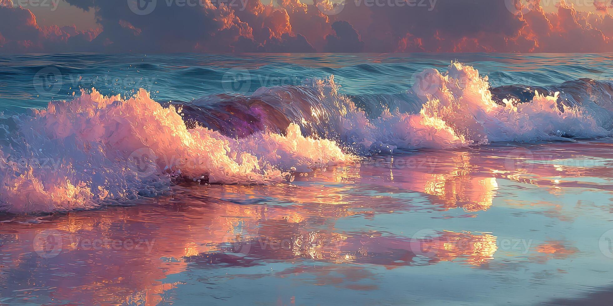 Waves crashing on a tranquil beach at sunset with vibrant reflections on the water surface photo