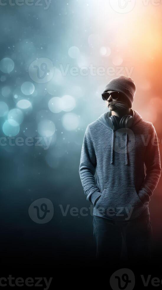 Person wearing sunglasses and headphones stands confidently against a colorful, blurred background in an urban setting during nighttime photo