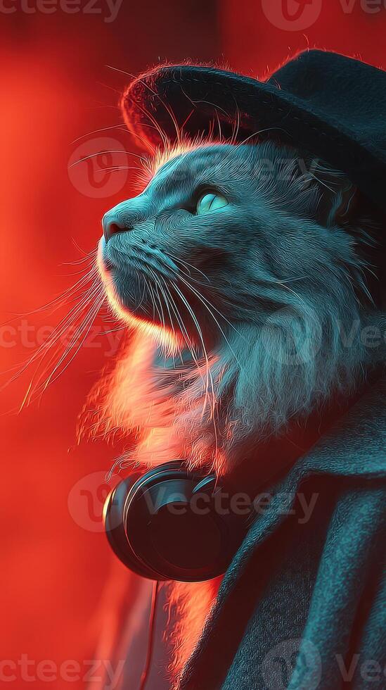 Cool cat wearing a hat and headphones poses against a vibrant background infused with red and blue hues photo