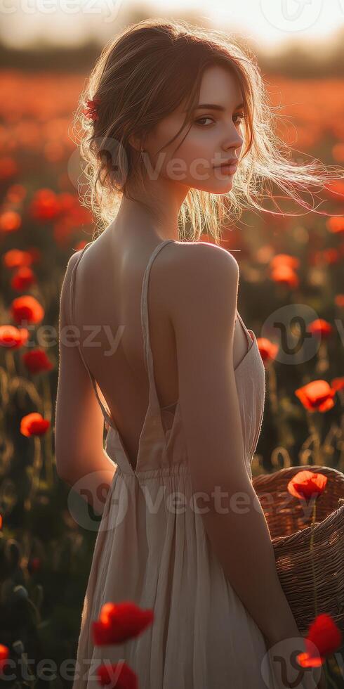 Young woman enjoying a poppy field at sunset with a woven basket in hand photo