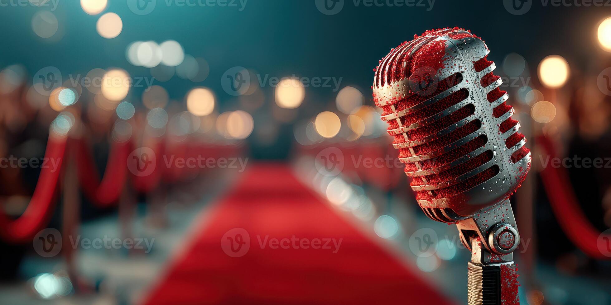 Vintage microphone on a red carpet at an award ceremony during the evening under lights photo