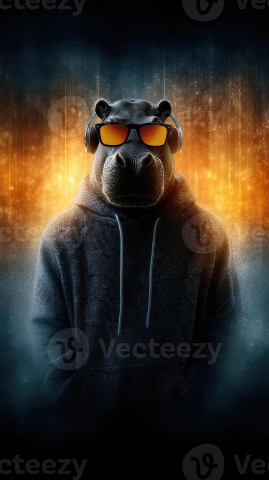 Hippo character in hoodie and headphones stands against colorful background with bright lights and dark atmosphere photo