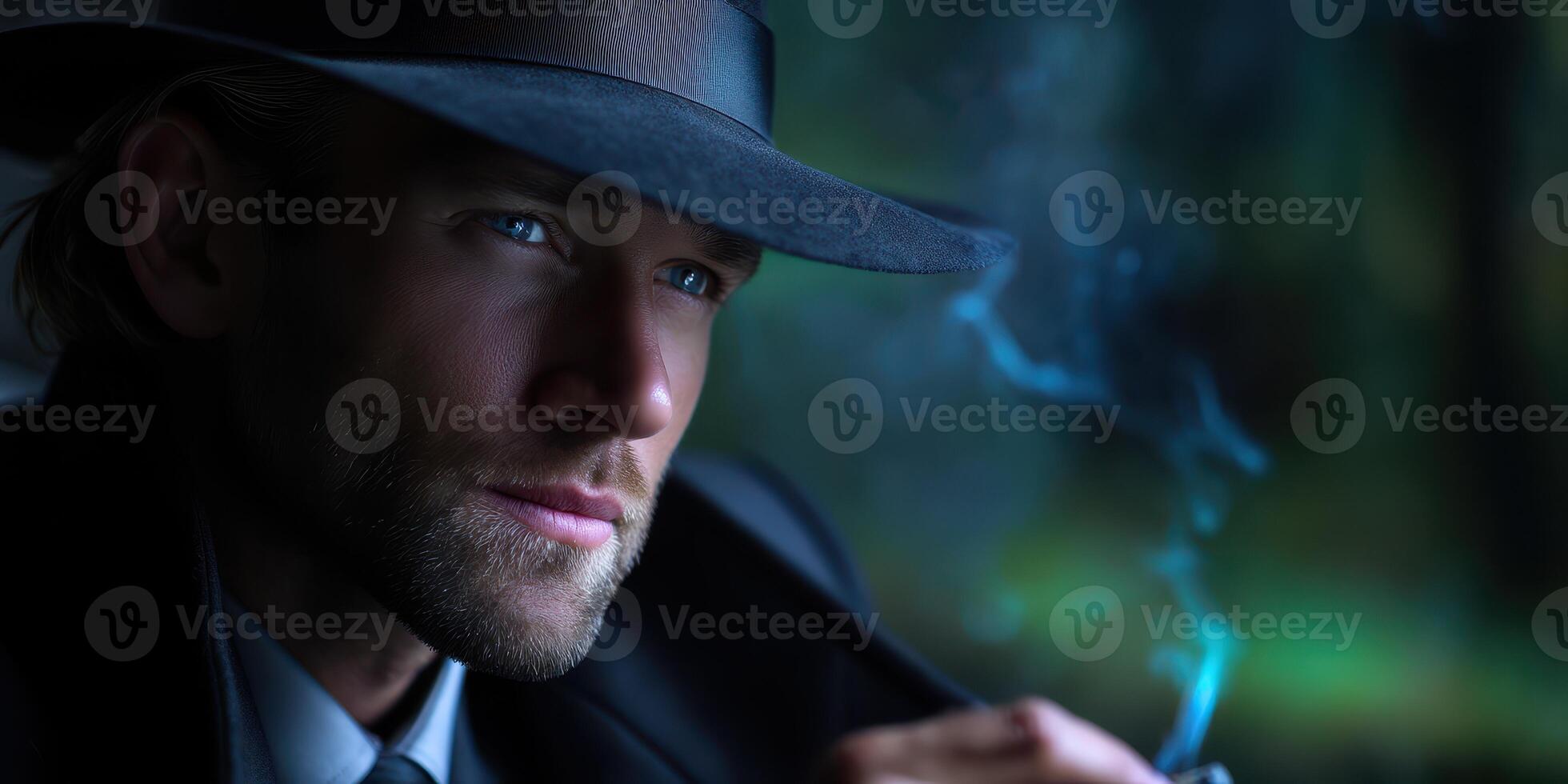 Mysterious man in a fedora sharing a contemplative moment amidst smoky ambiance in a dimly lit setting photo