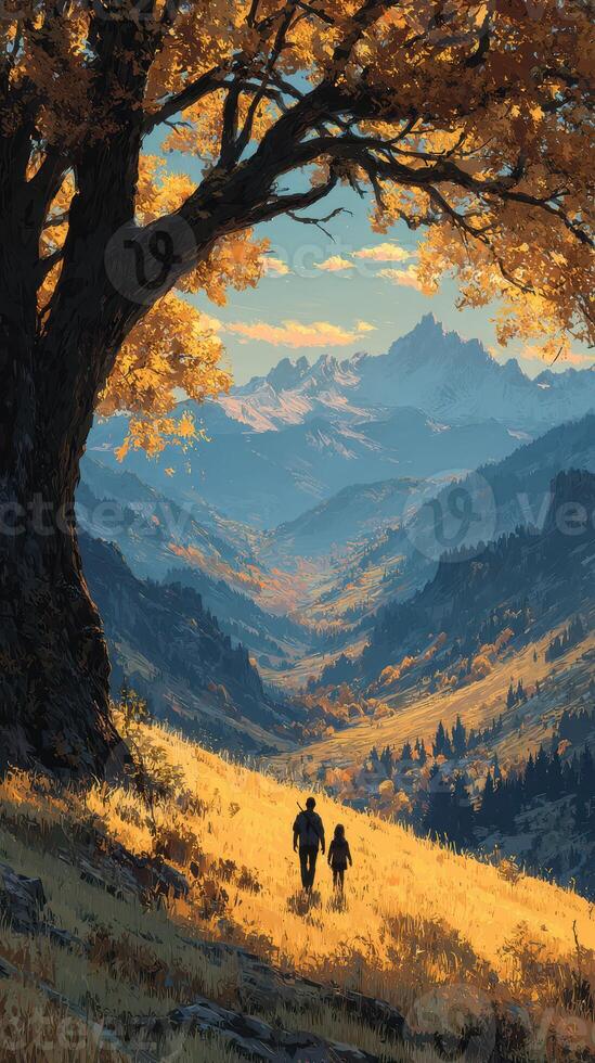Couple walking through a vibrant autumn valley at sunset in a mountainous landscape photo