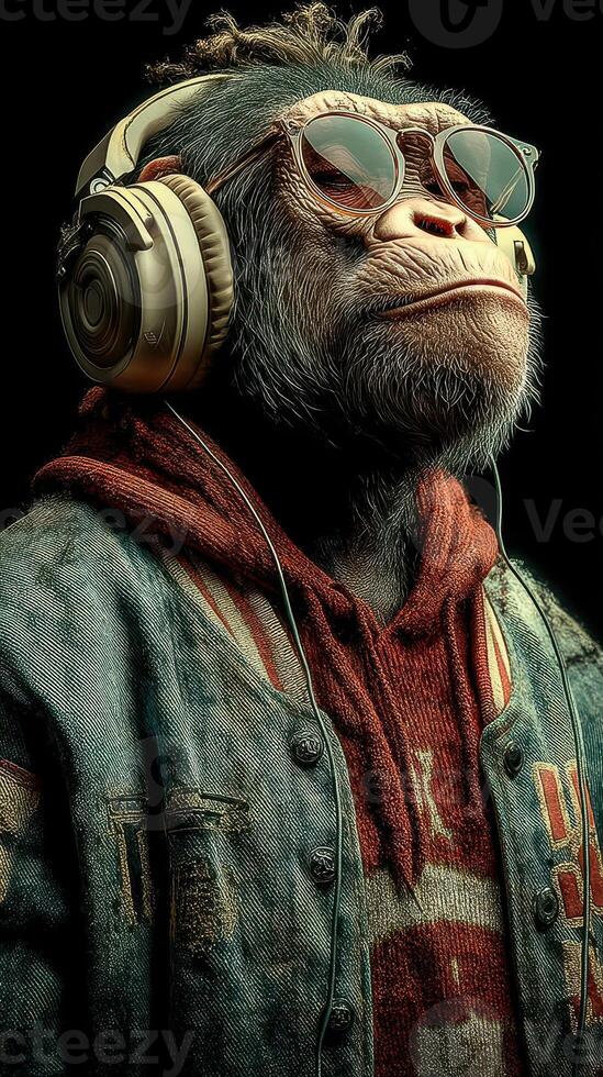 Stylish monkey wearing sunglasses and headphones while exuding a cool, laid-back vibe in a casual setting photo