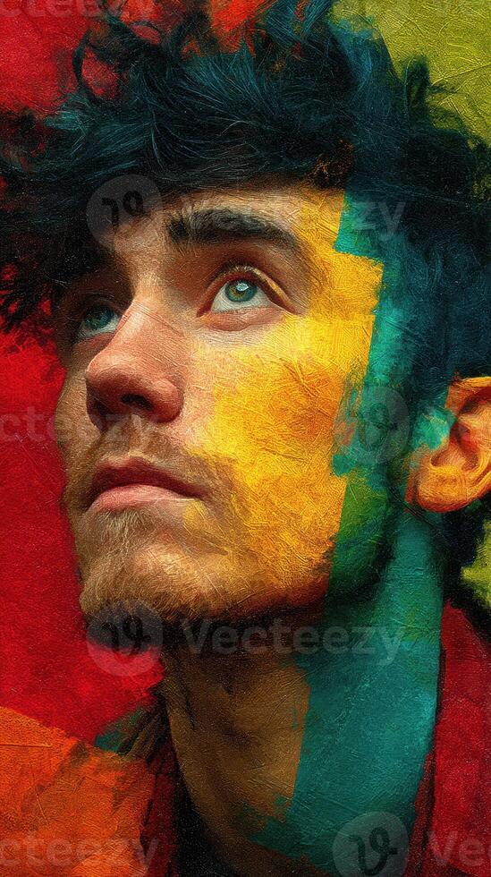 Young man with colorful artistic paint effects expressing emotions in a creative portrait backdrop photo