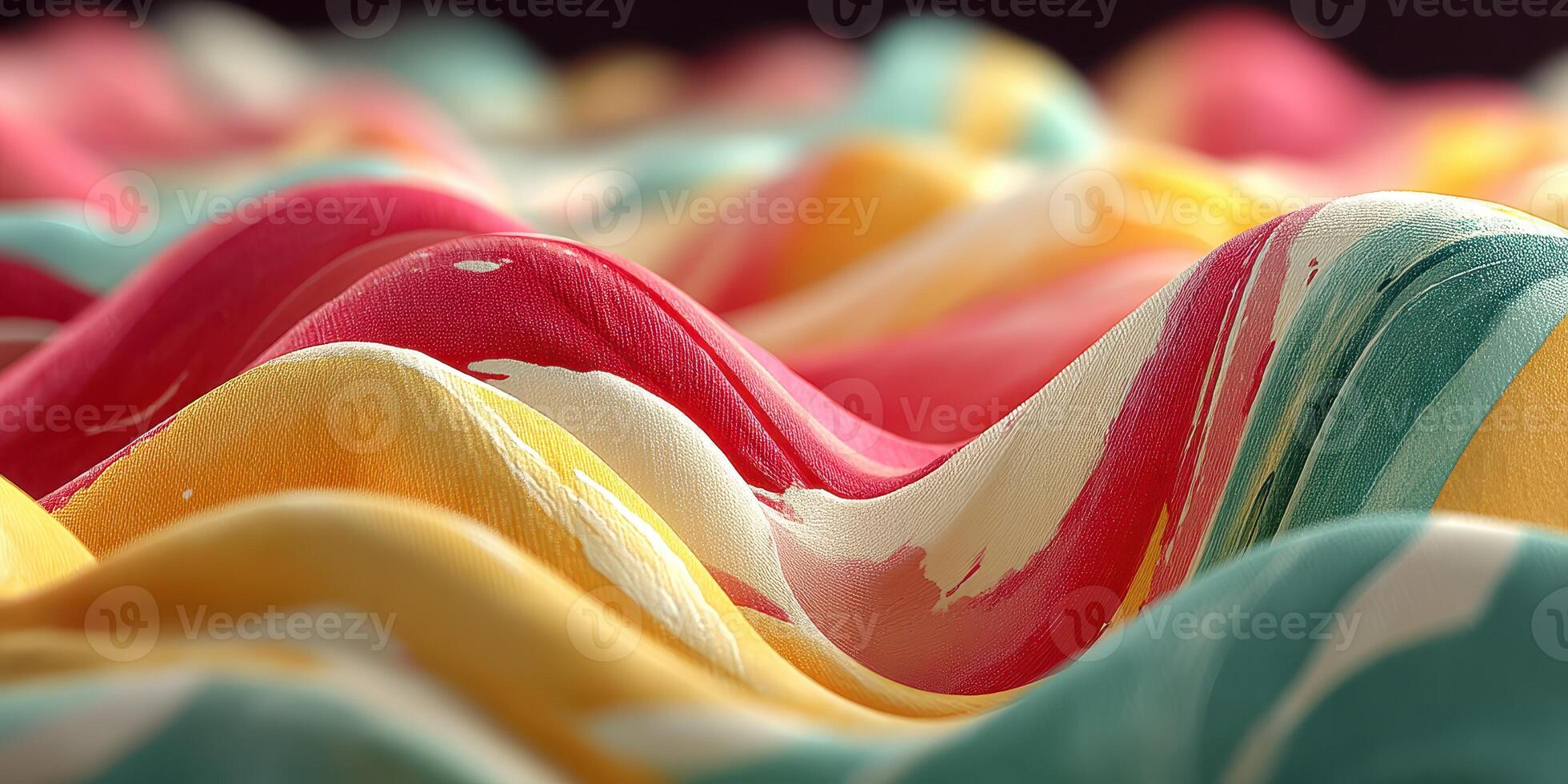 Colorful waves of fabric create an artistic display in bright hues and patterns in a modern setting photo