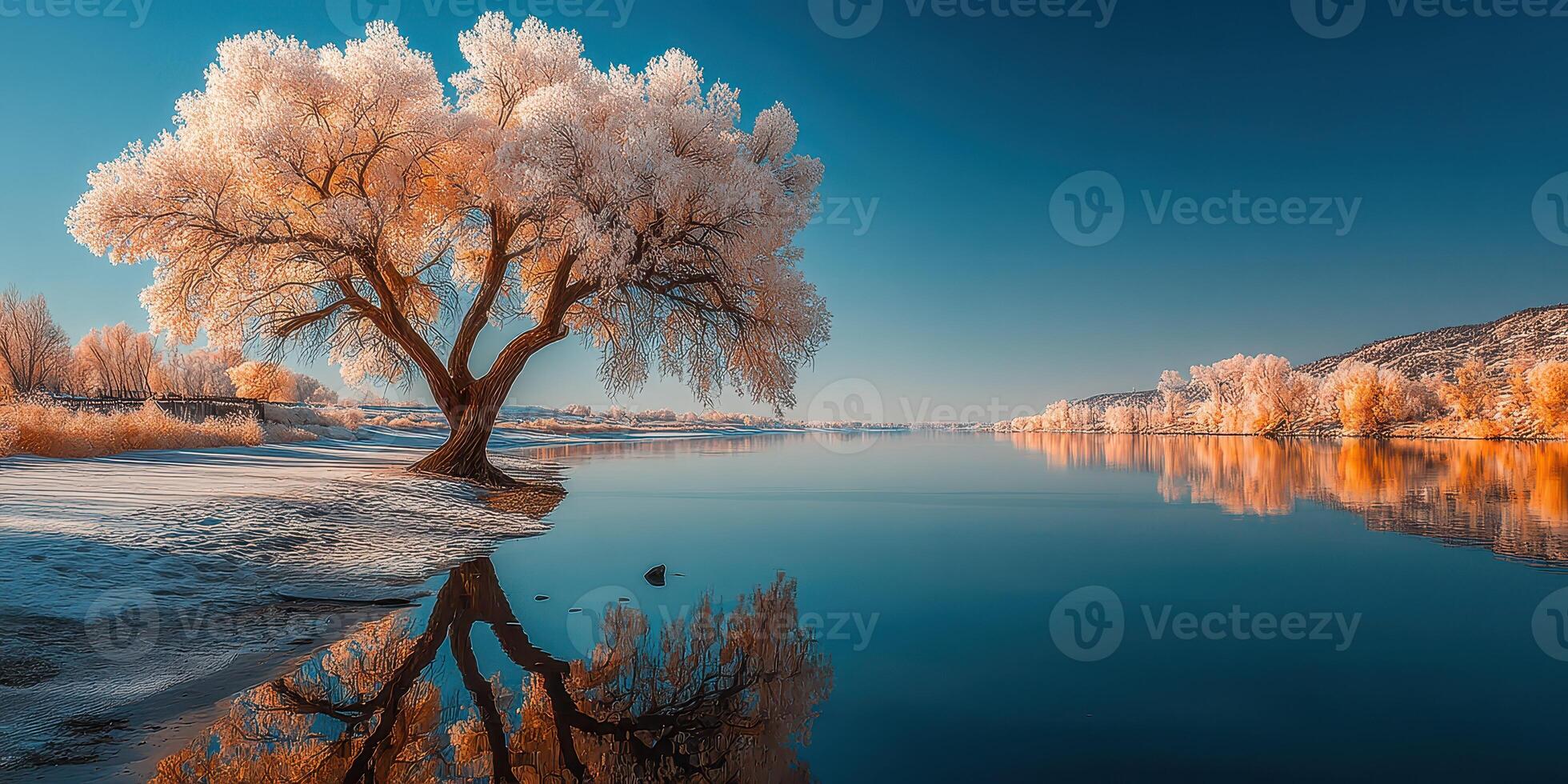 Vibrant winter scenery of a frost-covered tree reflecting in a serene river during midday photo