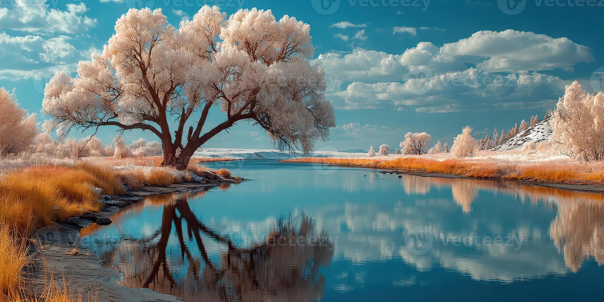 Beautiful winter landscape with frozen tree and calm water reflecting blue sky in a serene location photo