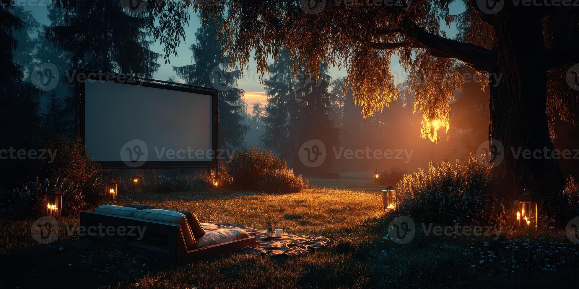 Outdoor movie night setup in a serene forest at dusk with glowing lanterns and a cozy blanket photo