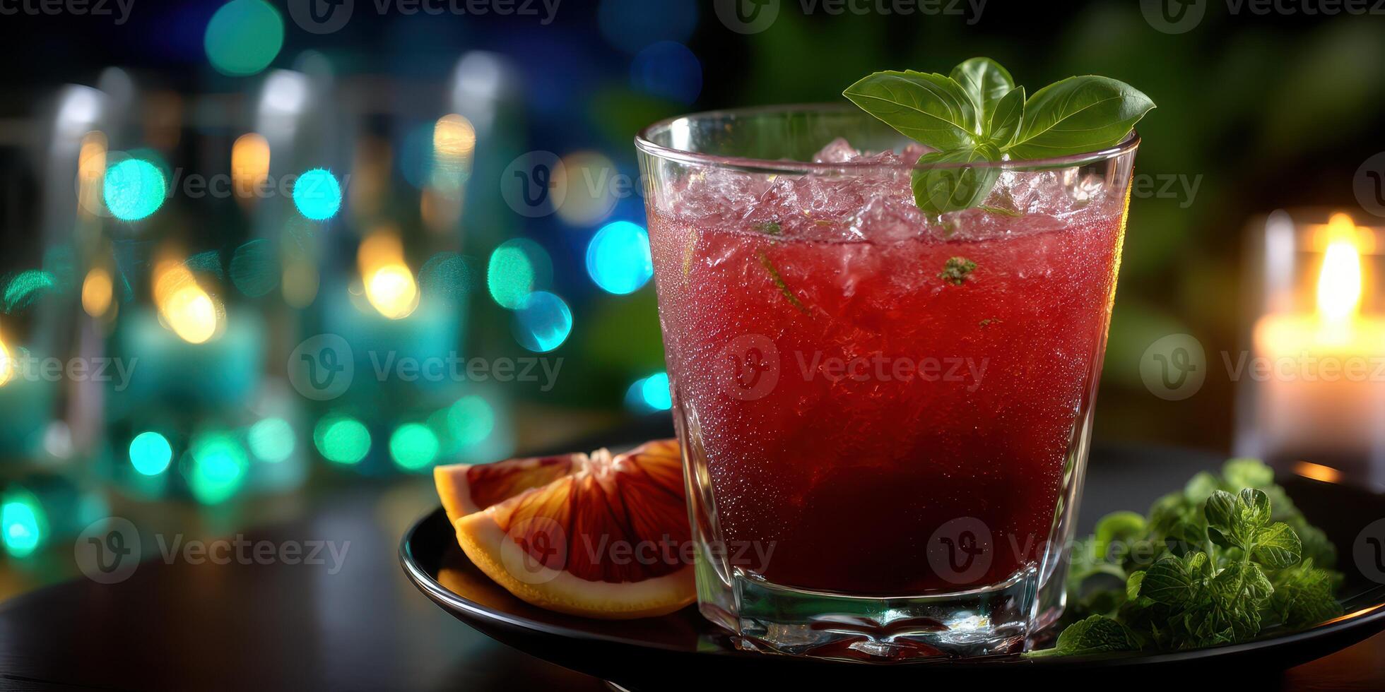 Refreshing cocktail with vibrant colors and garnishes in a cozy setting at night photo