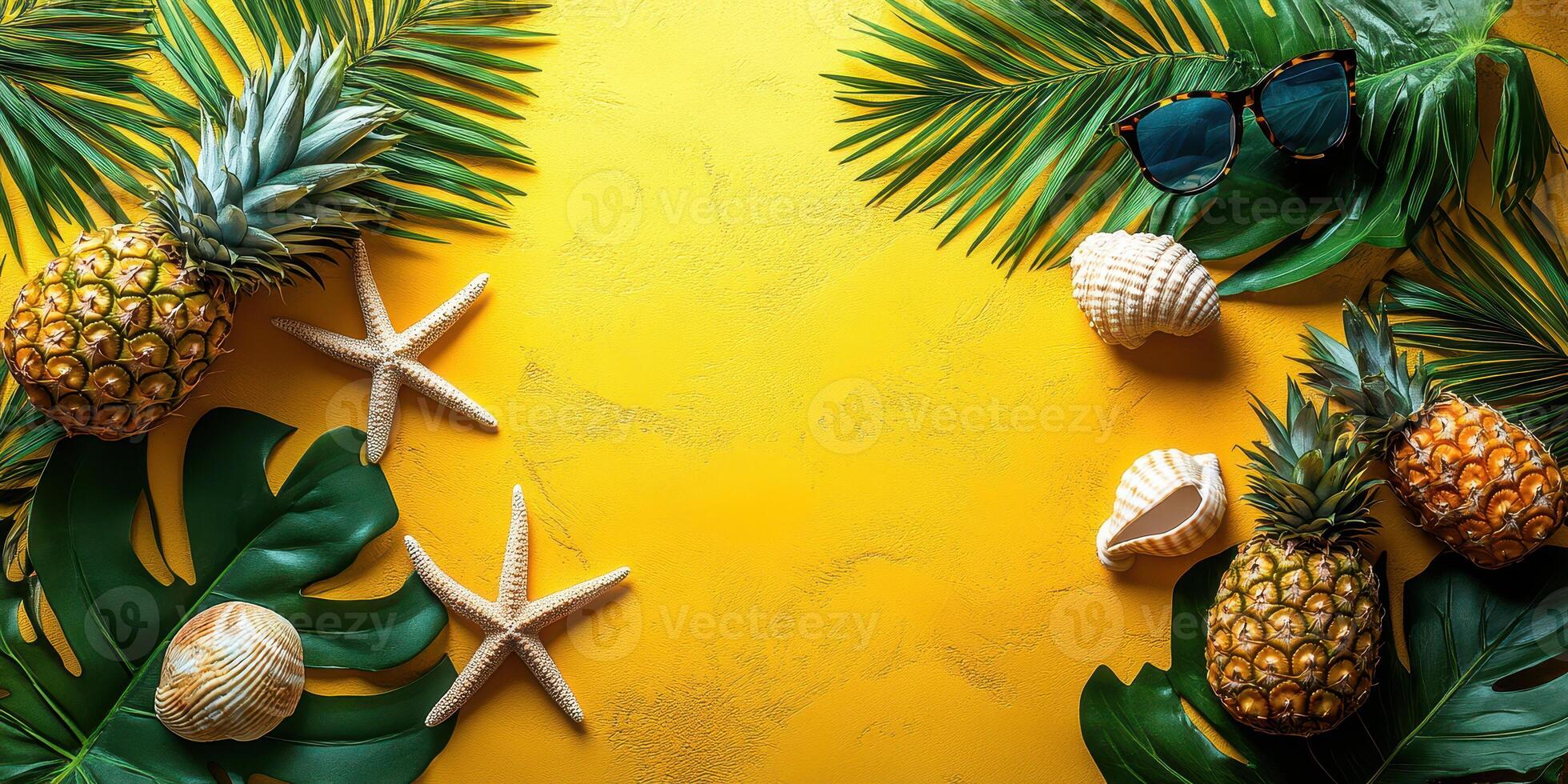 Tropical summer arrangement featuring pineapples, seashells, and sunglasses on a bright yellow background with palm leaves photo