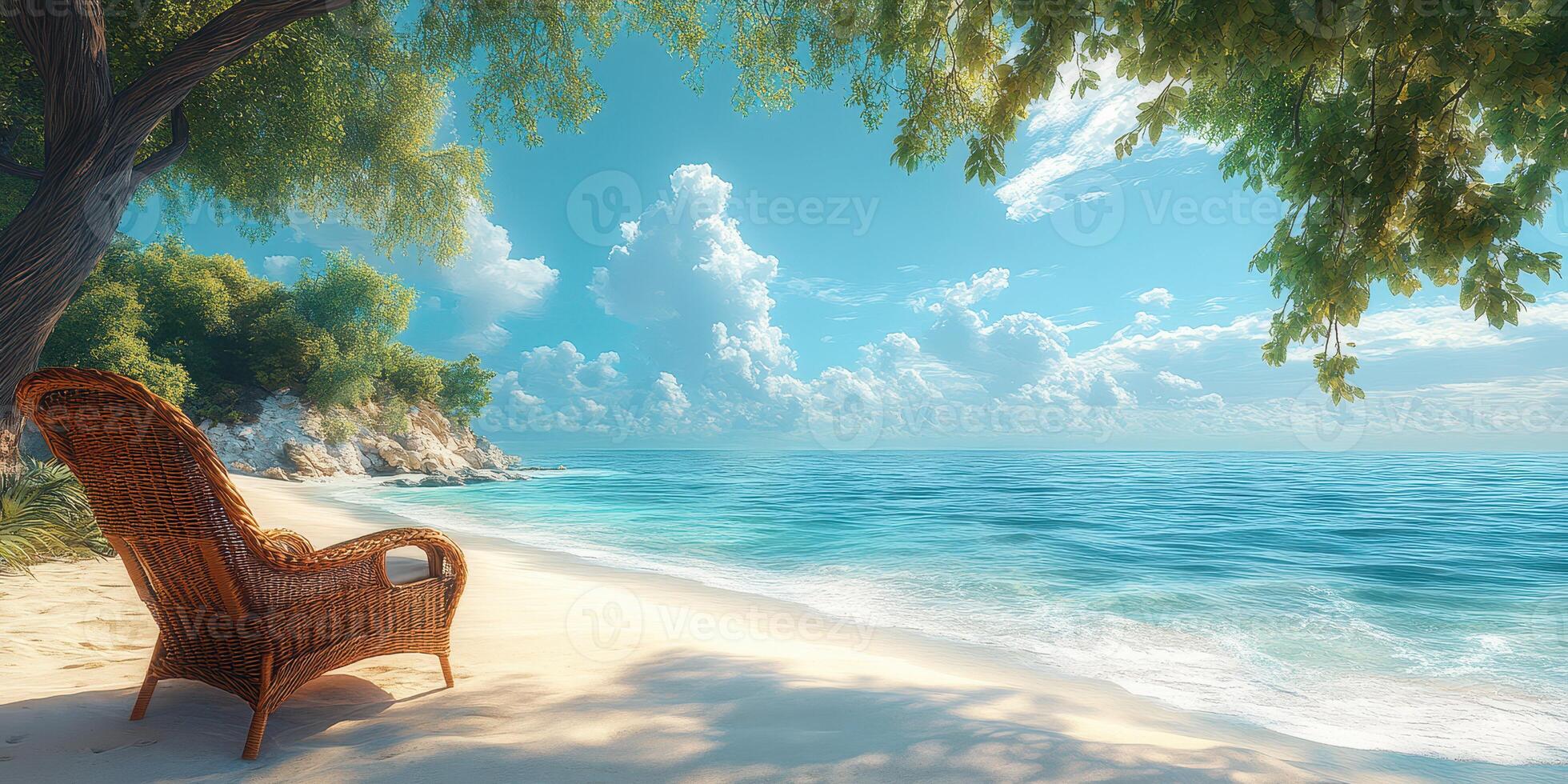 Serene beach scene with a wicker chair overlooking calm turquoise waters and a clear blue sky on a sunny day photo