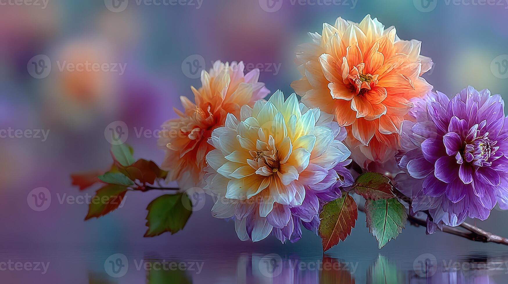 Vibrant dahlias bloom in a serene garden setting during the golden hour of sunset photo