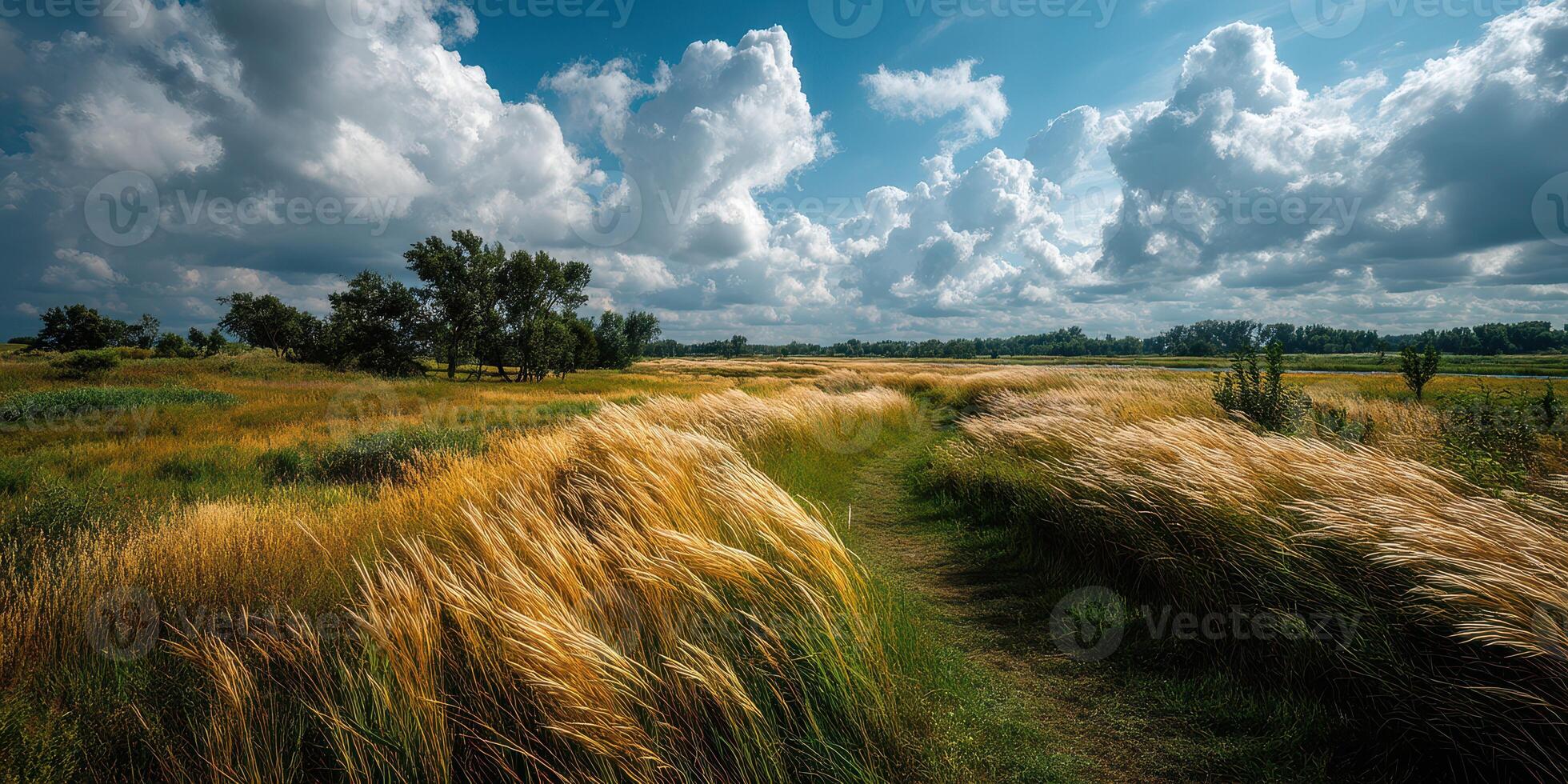 Expansive golden fields under a dramatic sky with clouds in a serene landscape photo