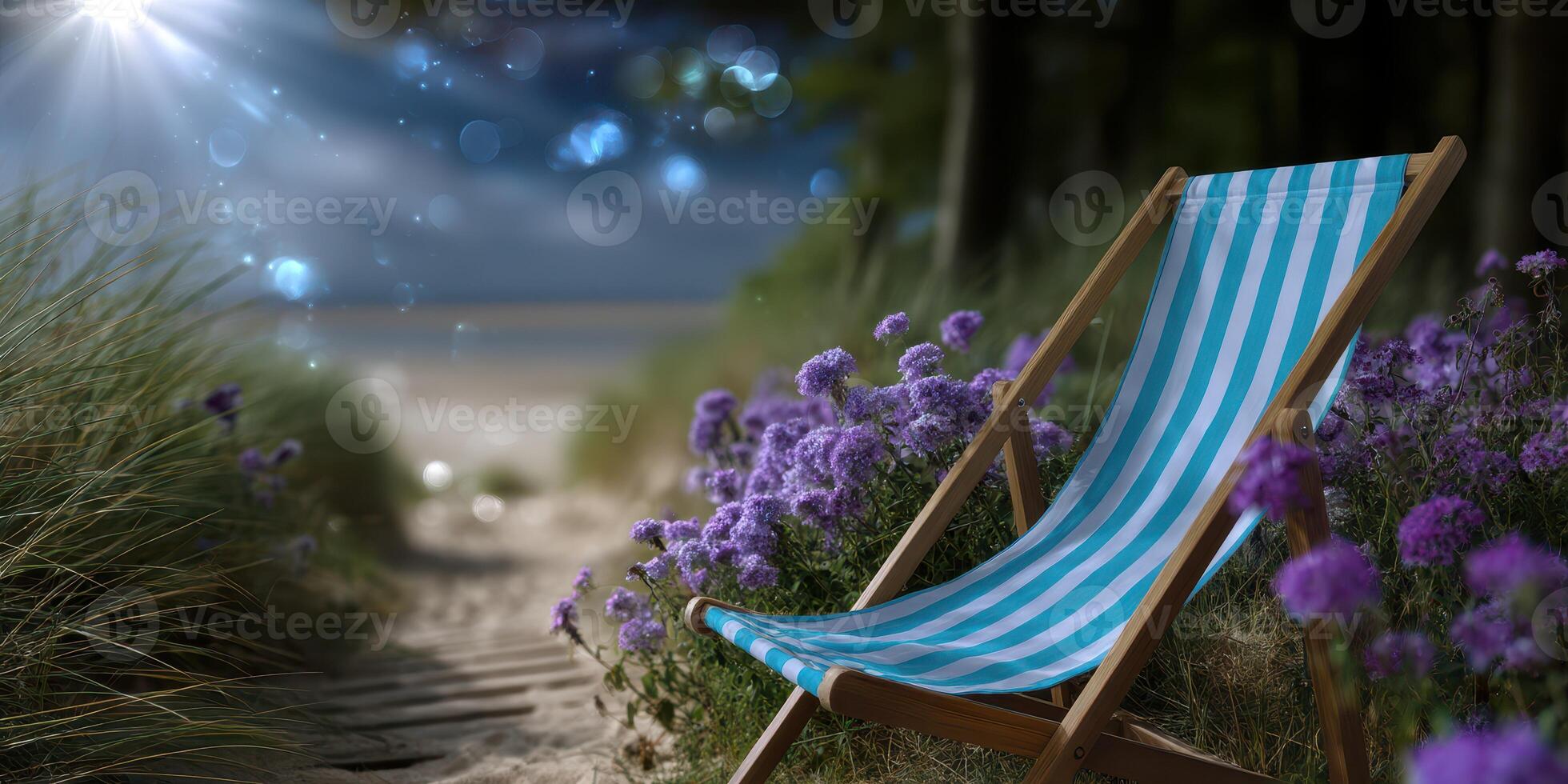 Relaxing beach chair beside vibrant purple flowers in a serene outdoor setting during golden hour photo
