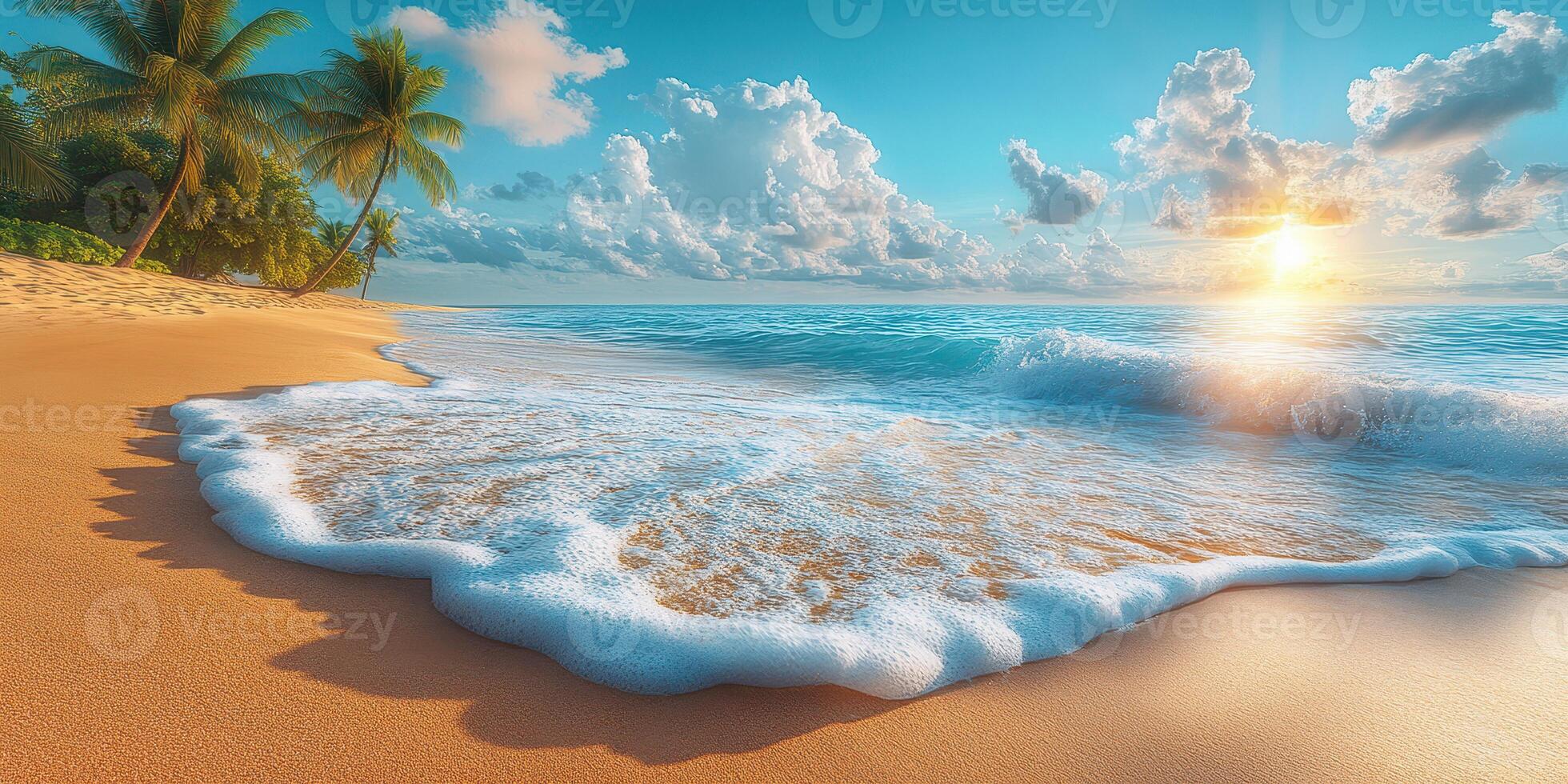Golden sunrise over tranquil beach with gentle waves and lush palm trees in a tropical paradise photo