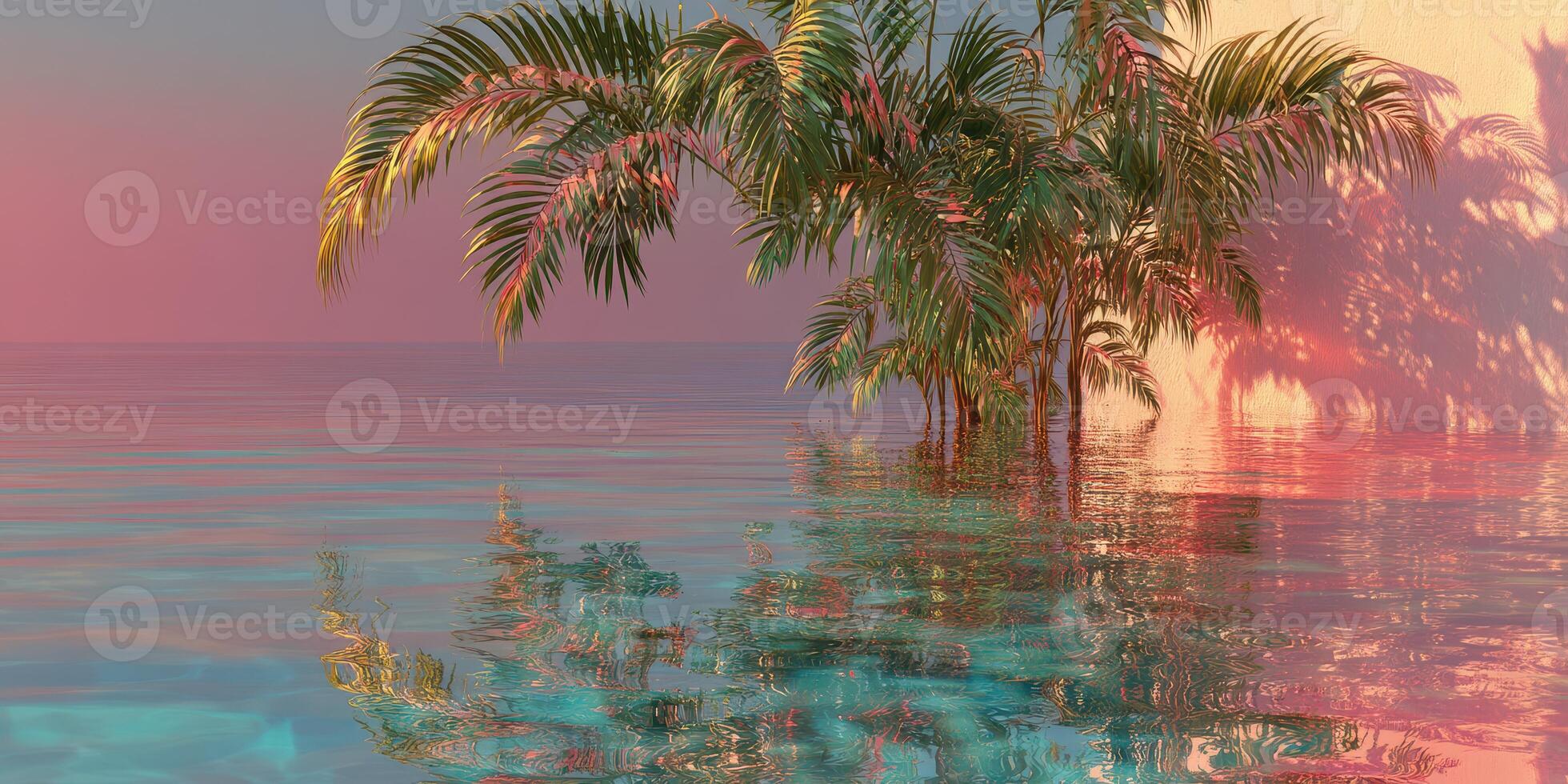 Stunning tropical scene with palm trees and vibrant reflections in tranquil water at sunset photo