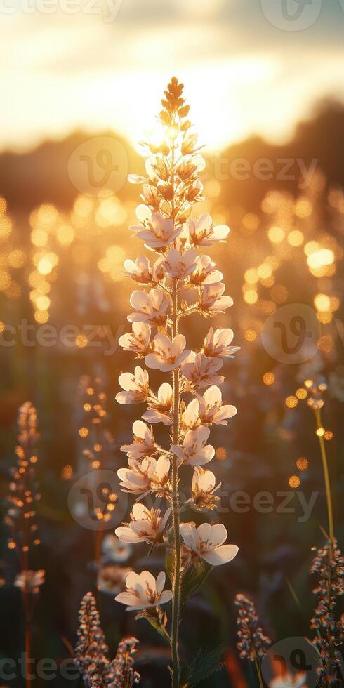 Vibrant white flowers illuminated by golden sunlight in a serene meadow at sunset photo