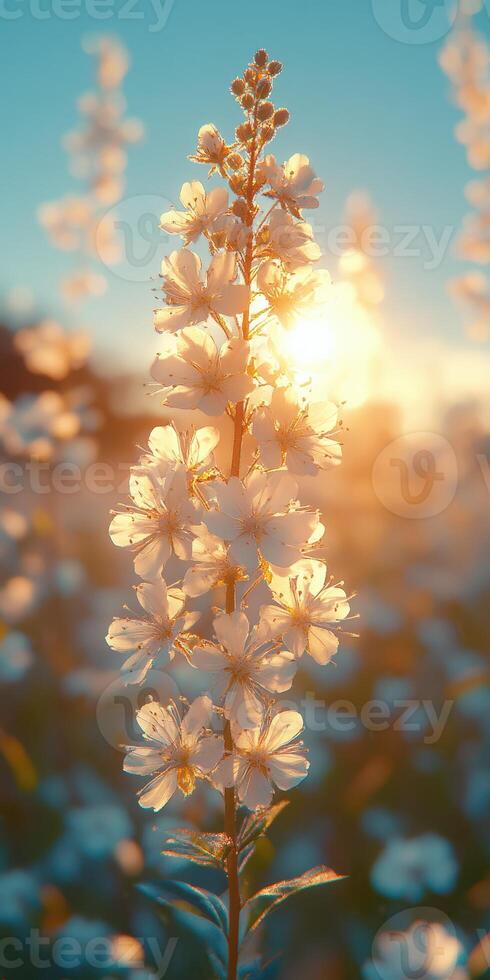 Golden sunlight illuminates white flowers in a serene garden at sunset near a tranquil countryside photo