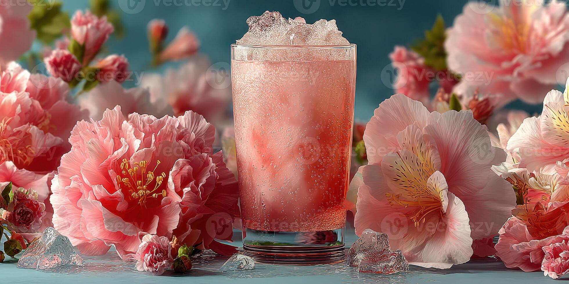 Refreshing pink beverage surrounded by cherry blossoms on a sunny day in a tranquil setting photo