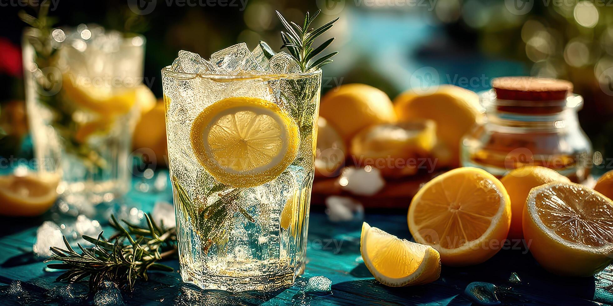 Refreshing lemonade with ice and lemons on a sunny day in a garden setting photo