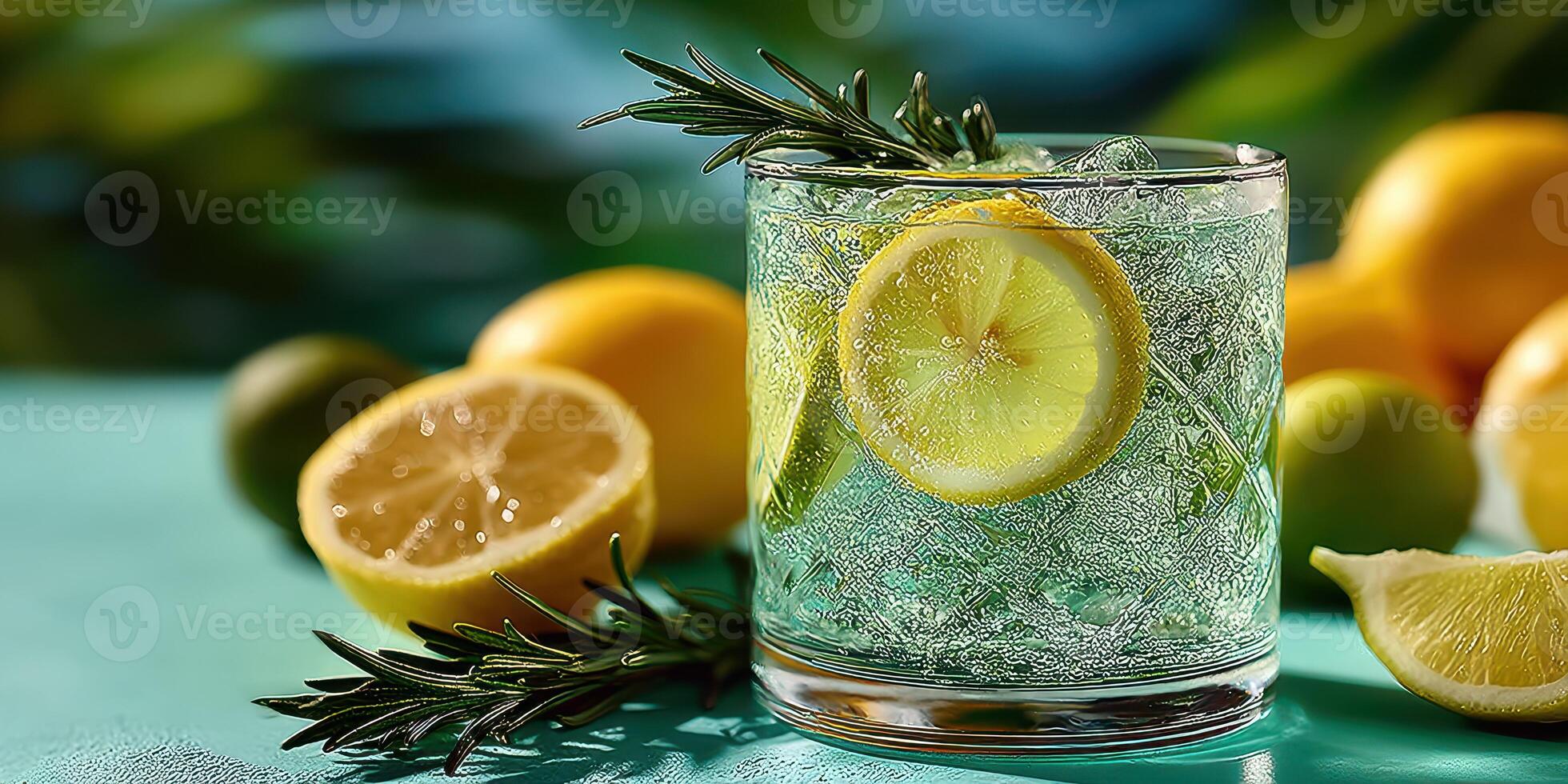 Refreshing citrus drink with lemon slices and herbs on a vibrant background during a sunny afternoon photo