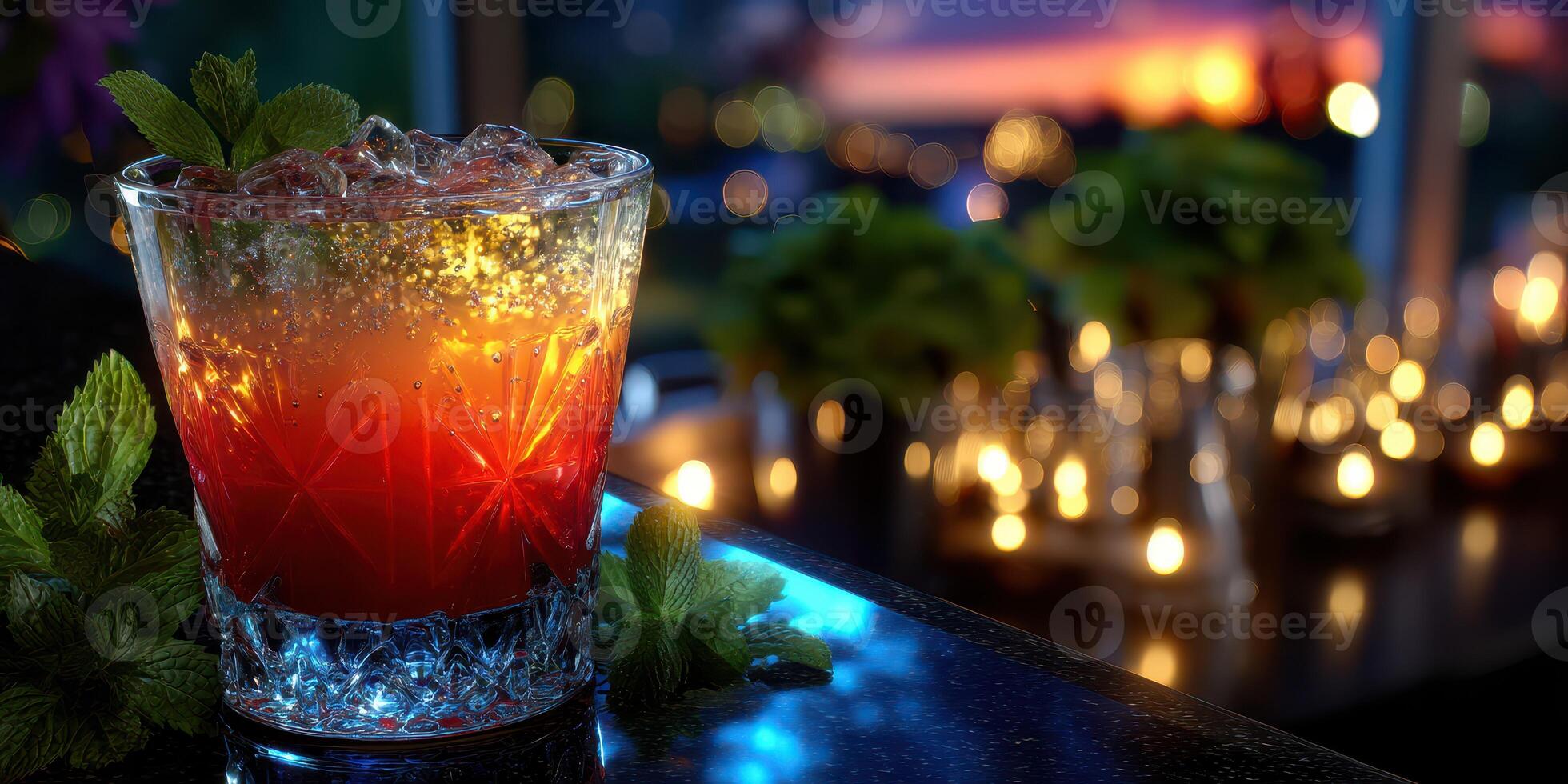 Vibrant sunset cocktail resting on a bar counter adorned with fresh mint and warm candlelight in the background photo