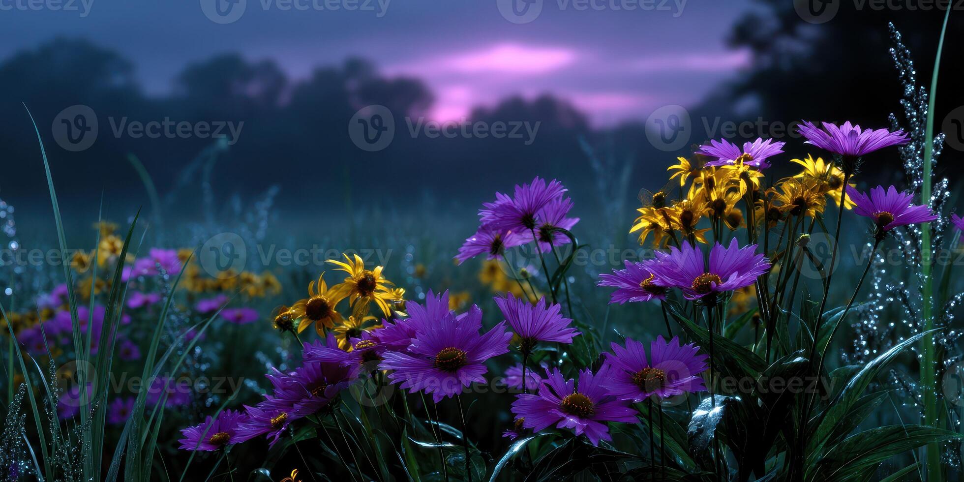 Colorful wildflowers bloom at dusk in a tranquil meadow surrounded by trees and a vibrant twilight sky photo