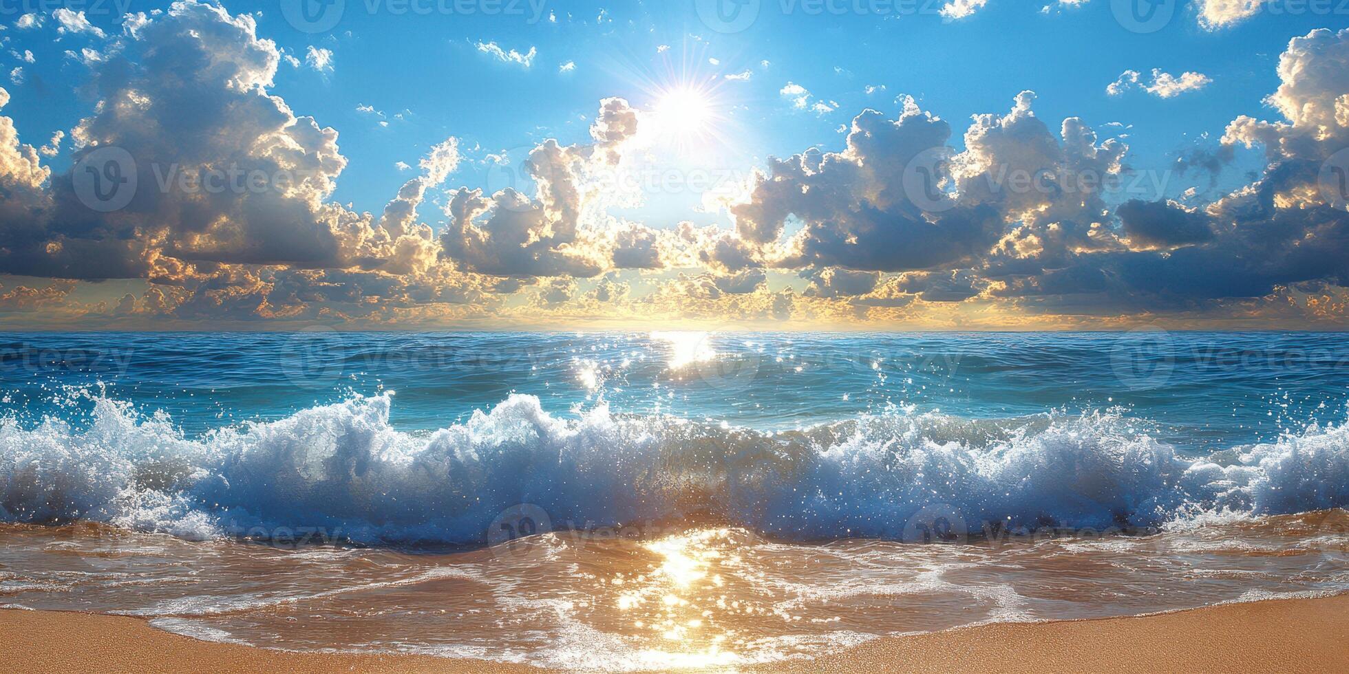 Bright sunrise over the ocean creates sparkling waves against a clear blue sky with fluffy clouds at dawn photo