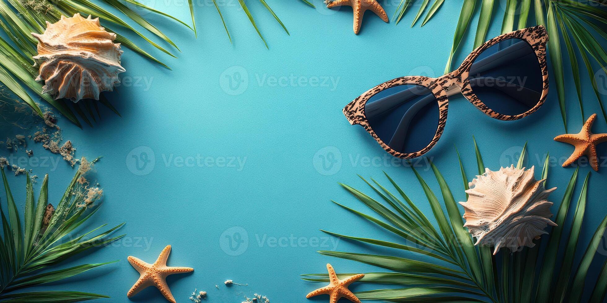 Tropical beach scene with sunglasses, seashells, and starfish surrounded by palm leaves photo