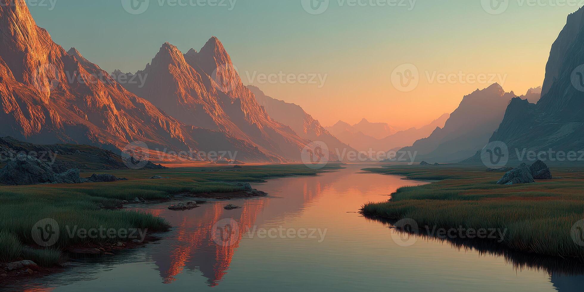 Breathtaking sunset over serene river surrounded by majestic mountains in a tranquil landscape photo