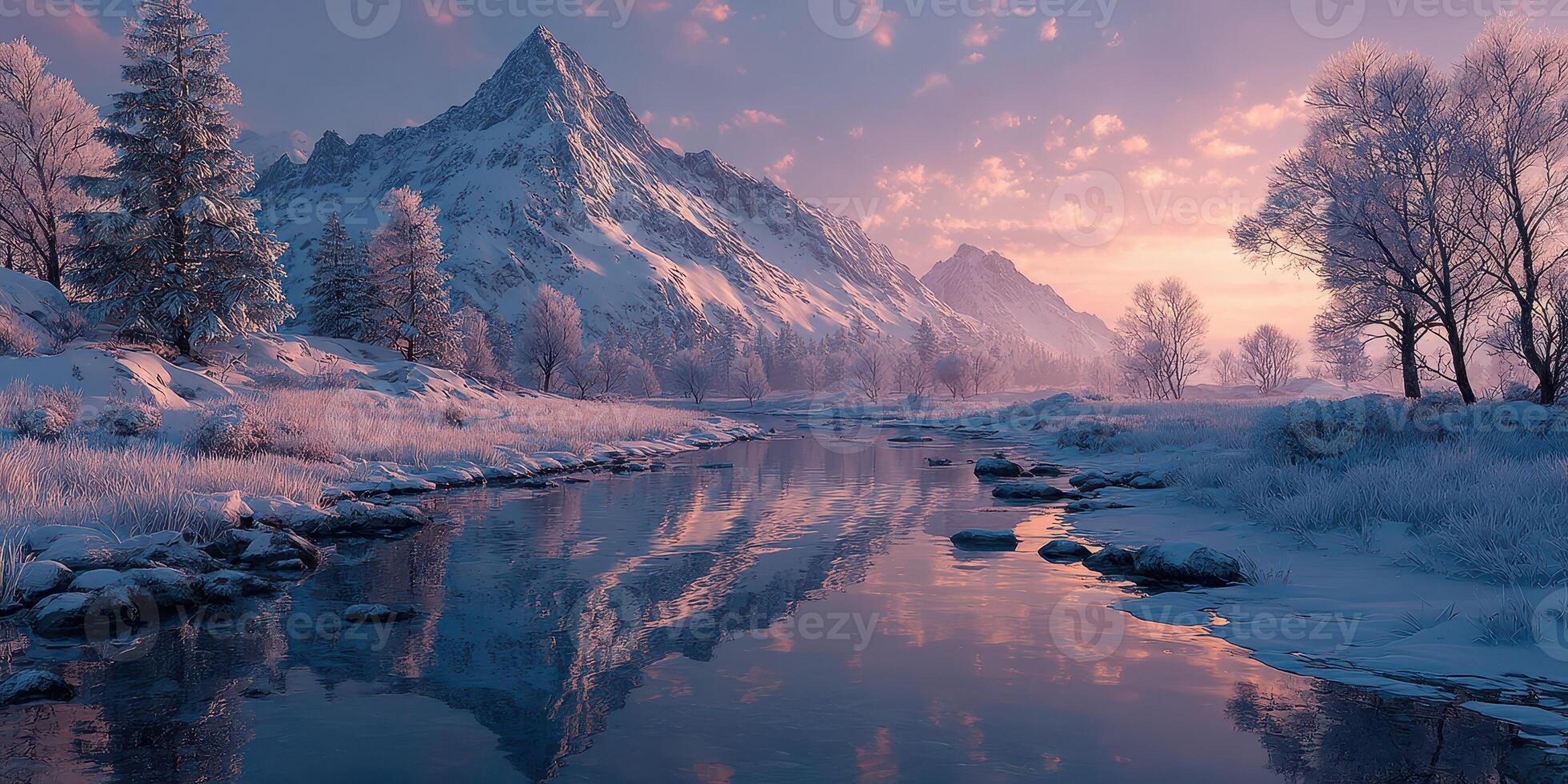 Winter landscape featuring majestic mountains, tranquil river, and soft morning light during a serene sunrise photo