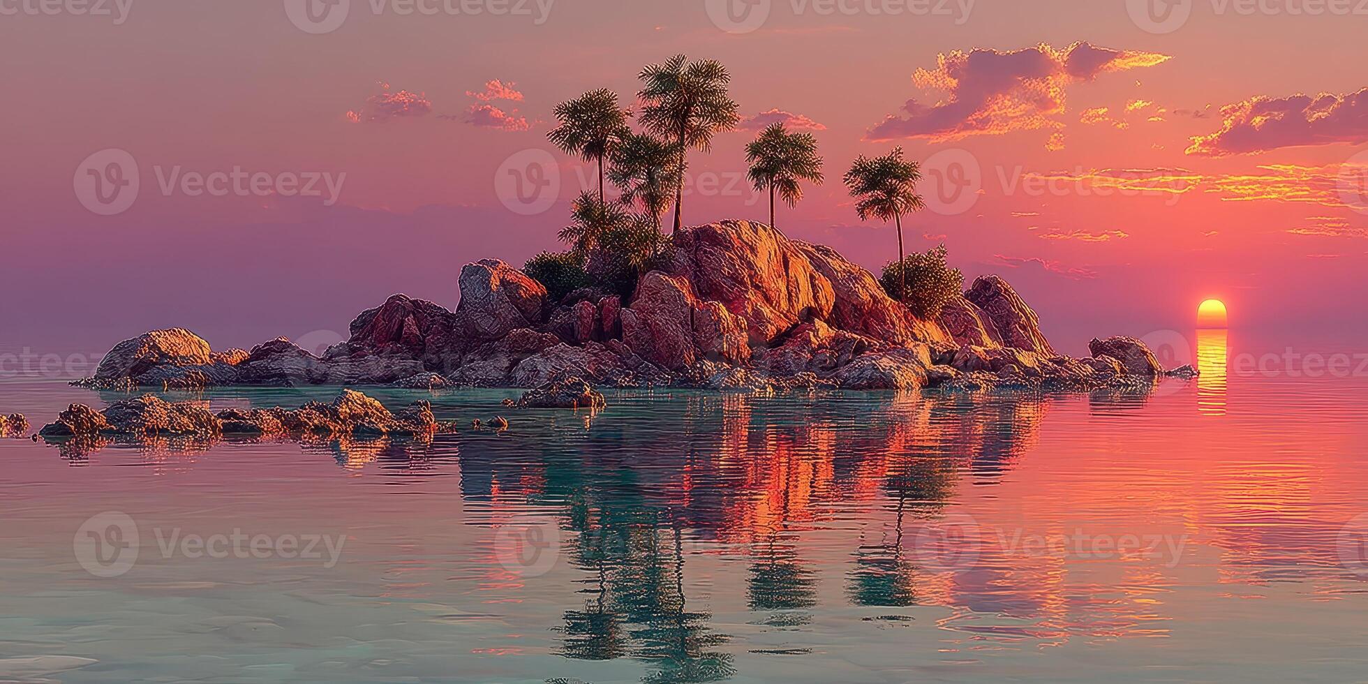 Sunset over tranquil island with palm trees reflecting in calm waters photo