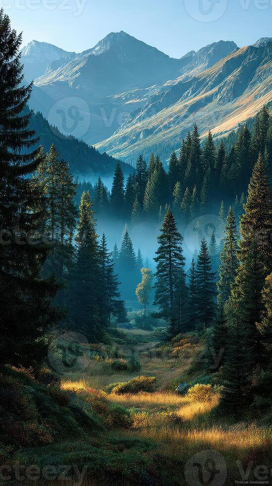 Majestic mountain landscape with lush forests and mist in the valley at dawn photo
