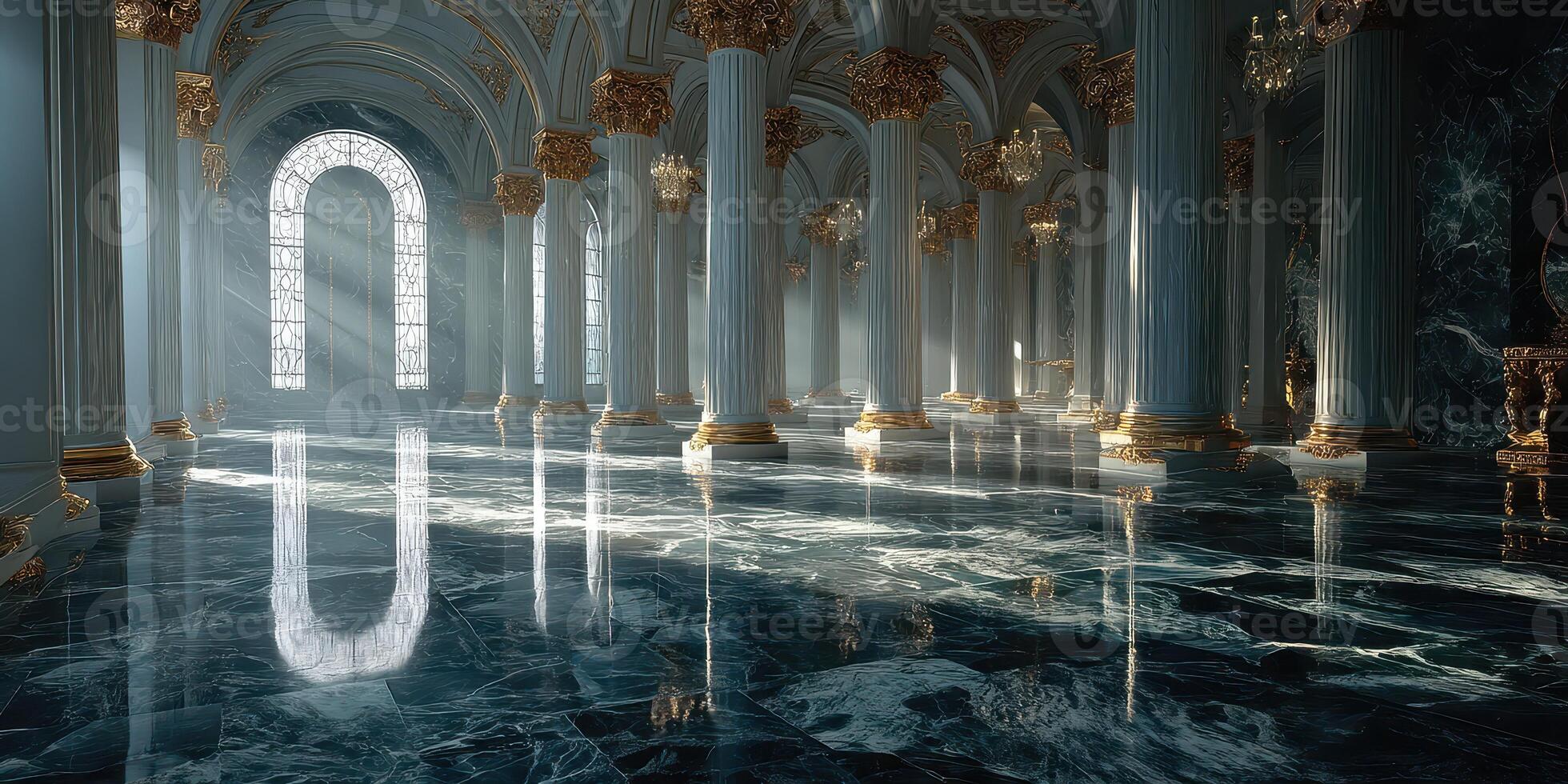 Grand hall with elegant pillars and marble floor illuminated by sunlight in a luxurious palace photo
