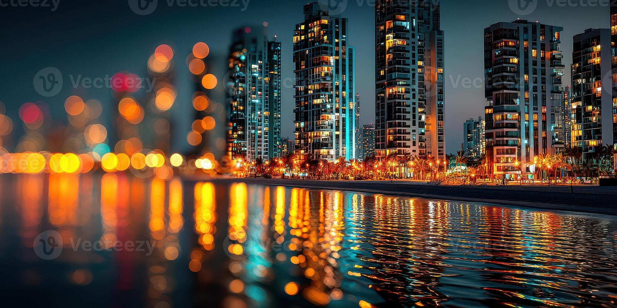 Vibrant city skyline reflecting in the water at night with illuminated buildings and colorful bokeh effects photo